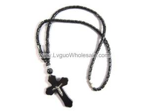 18inch Hematite Cross Pendant with Silver Jesus Stone Strands Necklace